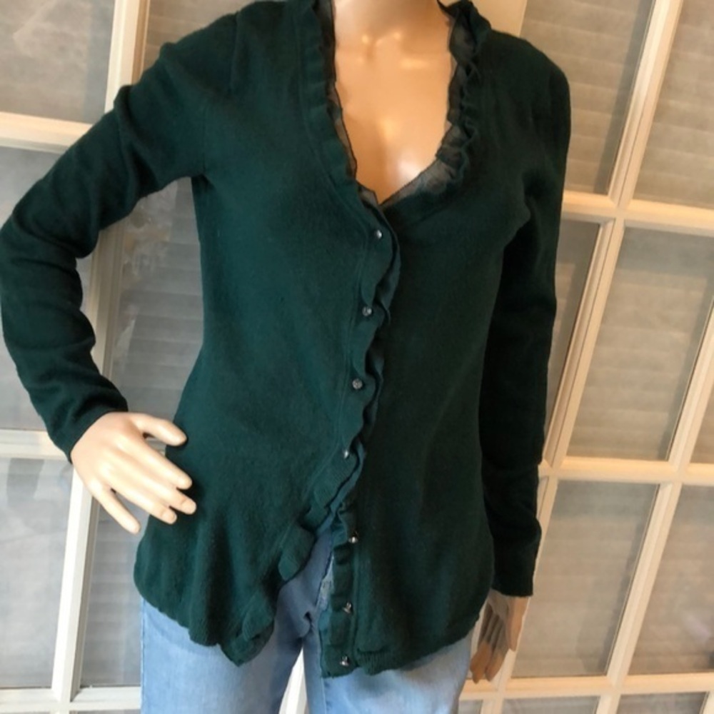 COPY - Dana Buchman Emerald green ruffle collar cardigan
